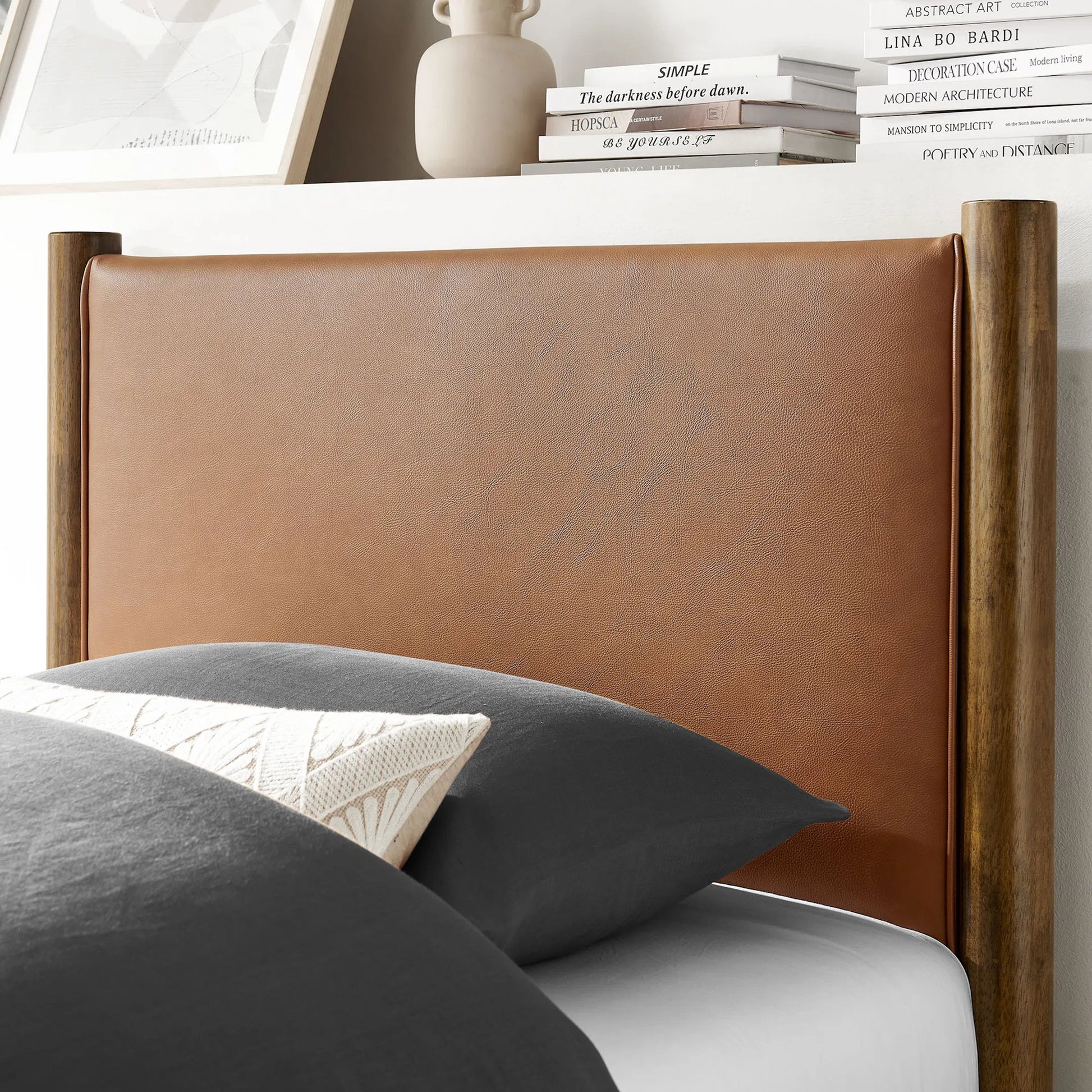 Sevier Size Vegan Platform Bed by Evans & Londeen. Made from vegan leather upholstered in a transitional style.
