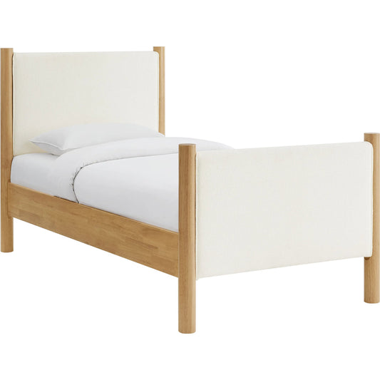 Strafford Boucle Platform Bed by Evans & Londeen. Made from boucle upholstered in a unique style.