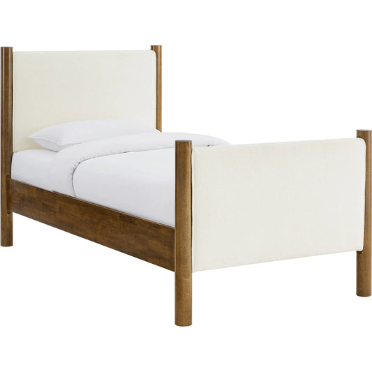 Strafford Boucle Platform Bed by Evans & Londeen. Made from boucle upholstered in a unique style.