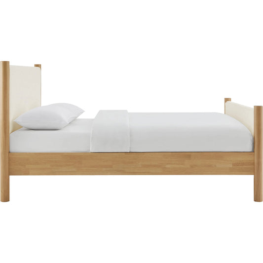 Strafford Boucle Platform Bed by Evans & Londeen. Made from boucle upholstered in a unique style.