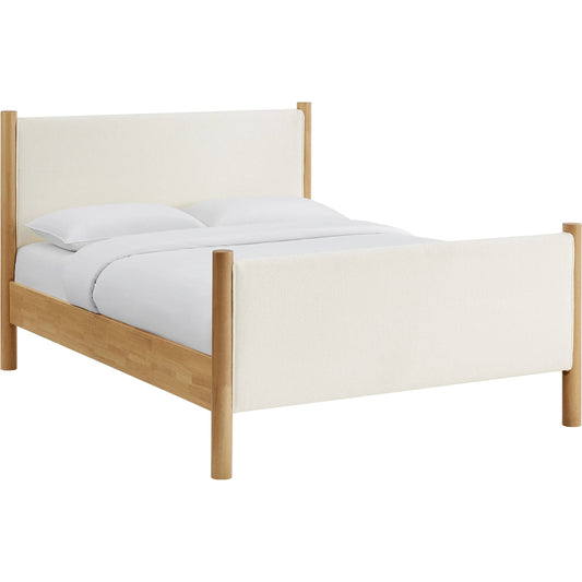 Strafford Boucle Platform Bed by Evans & Londeen. Made from boucle upholstered in a unique style.