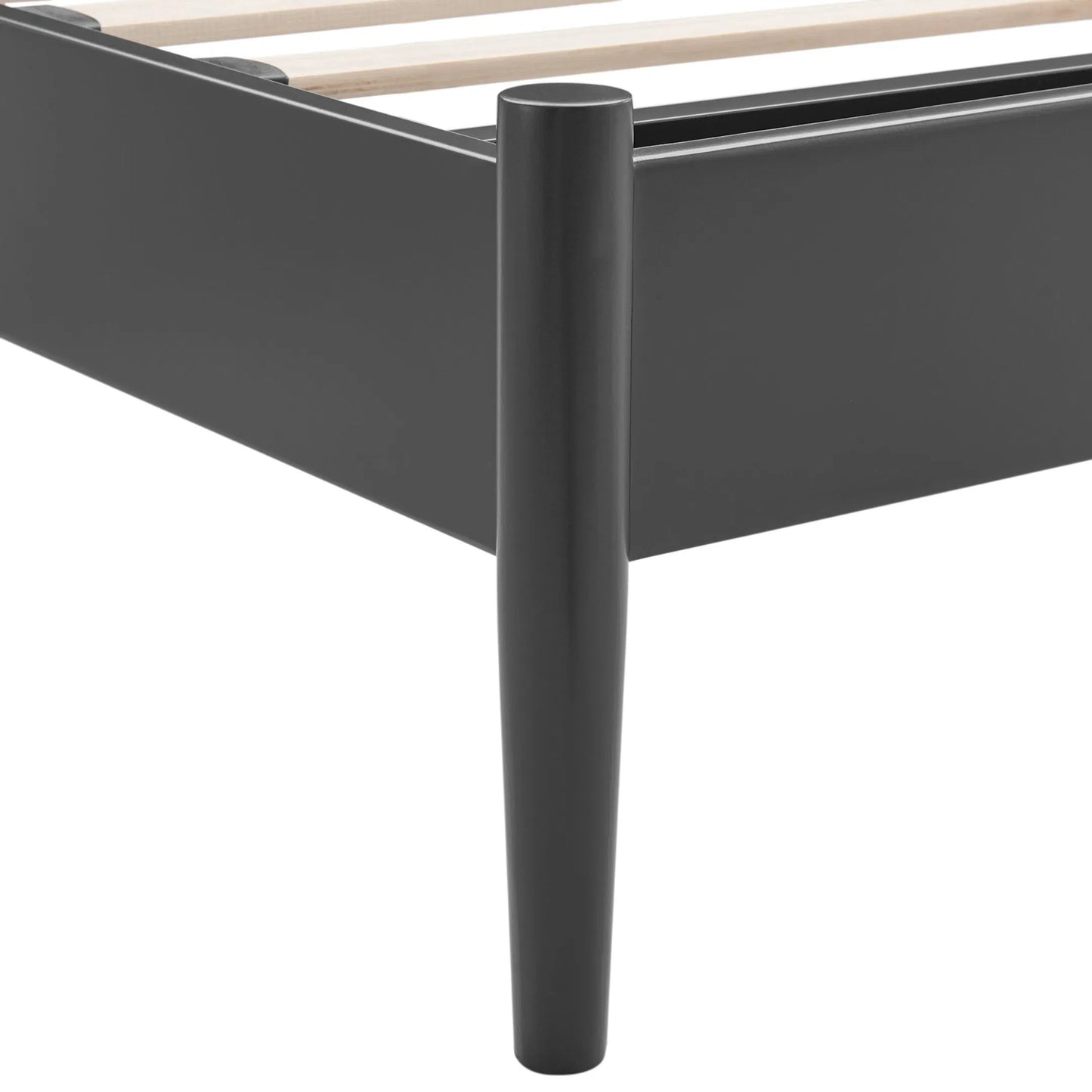 033 SI-2453614 | Closeup | Corozal Spindle Metal Platform Bed by Evans & Londeen in charcoal. Made from metal in a modern style.