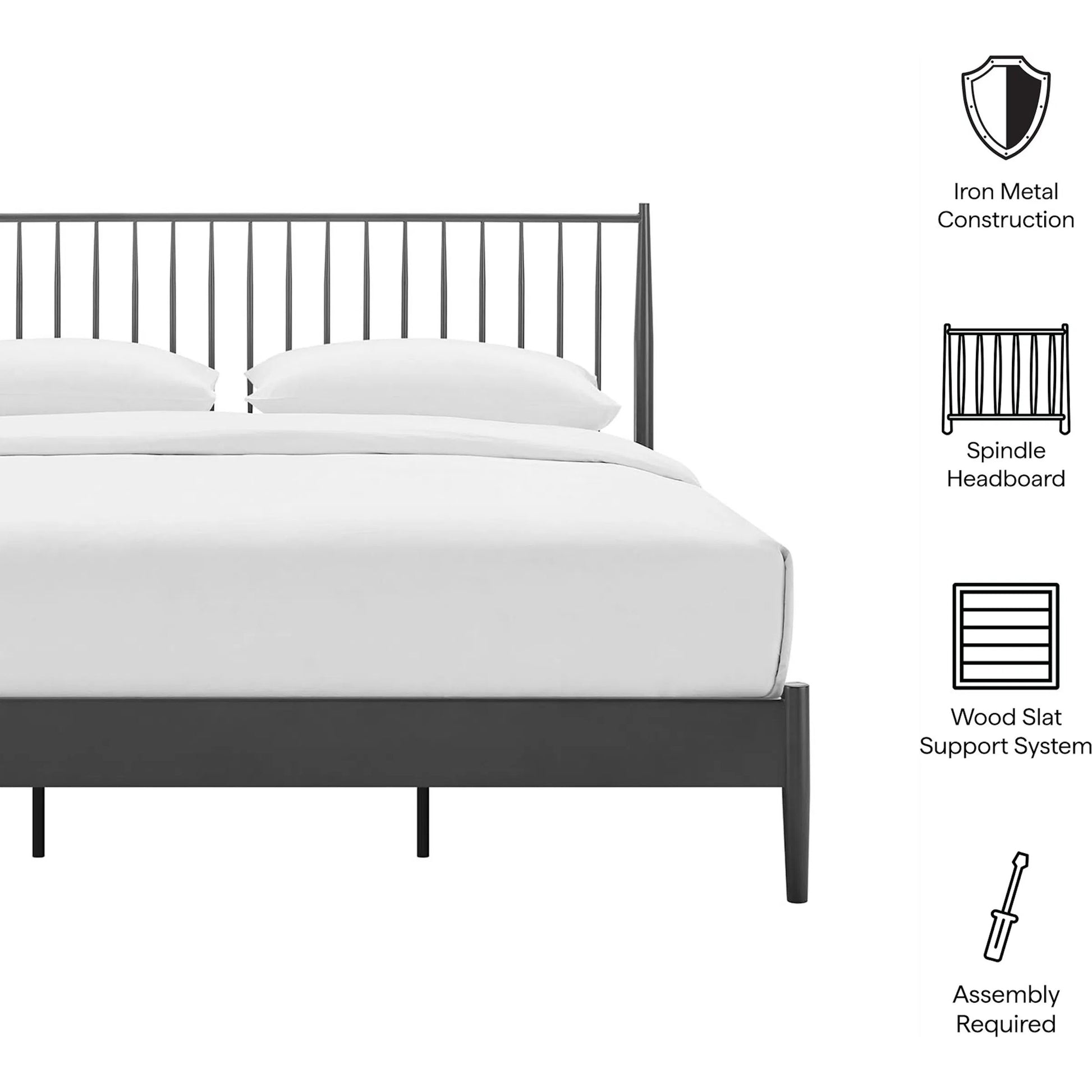 Corozal Spindle Metal Platform Bed by Evans & Londeen in charcoal. Made from metal in a modern style.