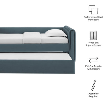 Yuma Channel Daybed With Trundle by Evans & Londeen. Made from performance velvet in a transitional style.