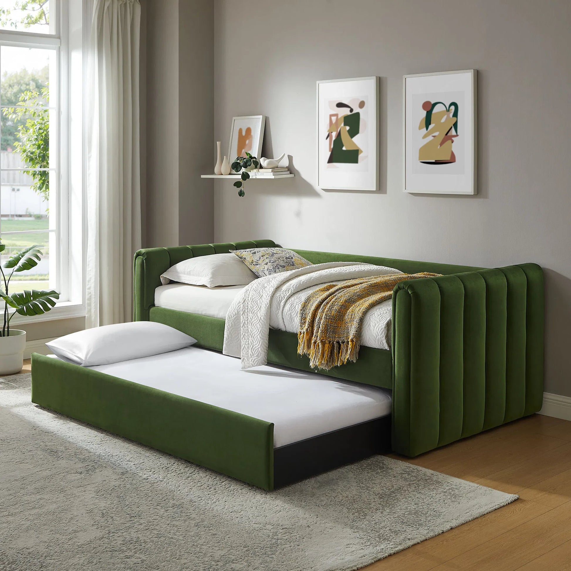 Yuma Channel Daybed With Trundle by Evans & Londeen. Made from performance velvet in a transitional style.