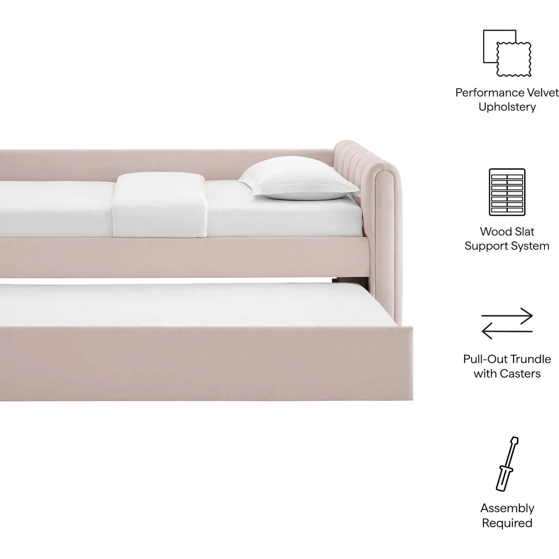 Yuma Channel Daybed With Trundle by Evans & Londeen. Made from performance velvet in a transitional style.