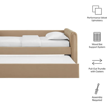 Yuma Channel Daybed With Trundle by Evans & Londeen. Made from performance velvet in a transitional style.