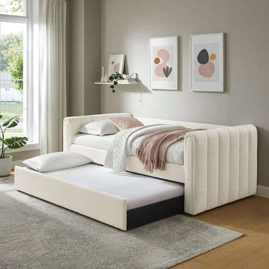 Yuma Channel Boucle Daybed With Trundle by Evans & Londeen in cloud. Made from boucle in a transitional style.