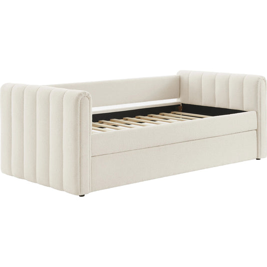 Yuma Channel Boucle Daybed With Trundle by Evans & Londeen in cloud. Made from boucle in a transitional style.