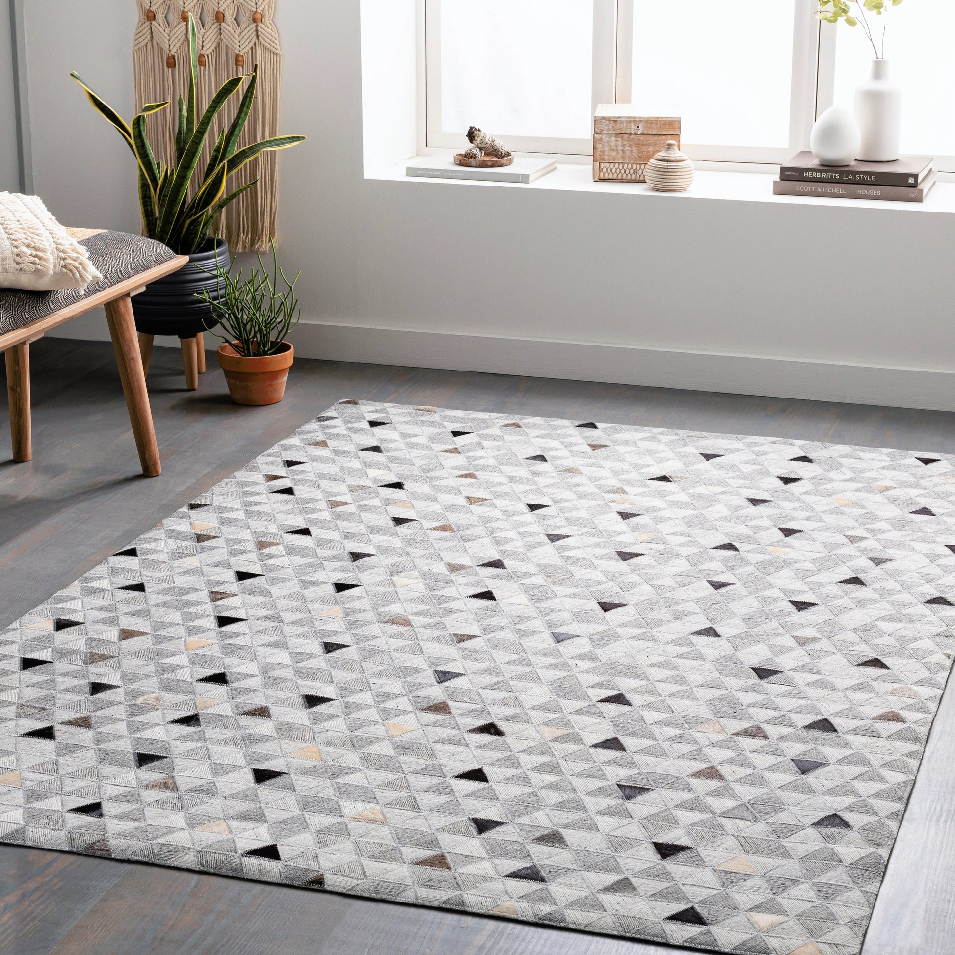 Medora Rug - 30191 by Surya in gray, black, light gray, medium brown, light brown, tan. Made from 65% viscose, 35% leather in a unique style.