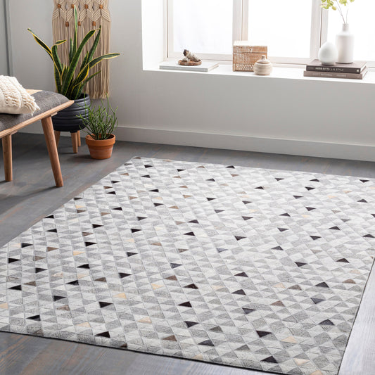 Medora Rug - 30191 by Surya in gray, black, light gray, medium brown, light brown, tan. Made from 65% viscose, 35% leather in a unique style.