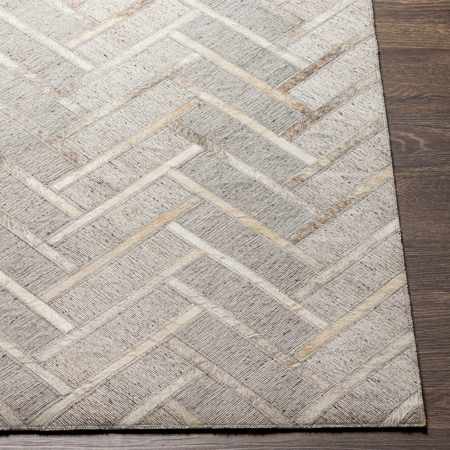 005 SI-1886227,SI-1886228,SI-1886229,SI-1886230 | Closeup | Medora Rug - 30192 by Surya in taupe, medium gray, oatmeal, tan, medium brown, light gray. Made from 65% viscose, 35% leather in a unique style.