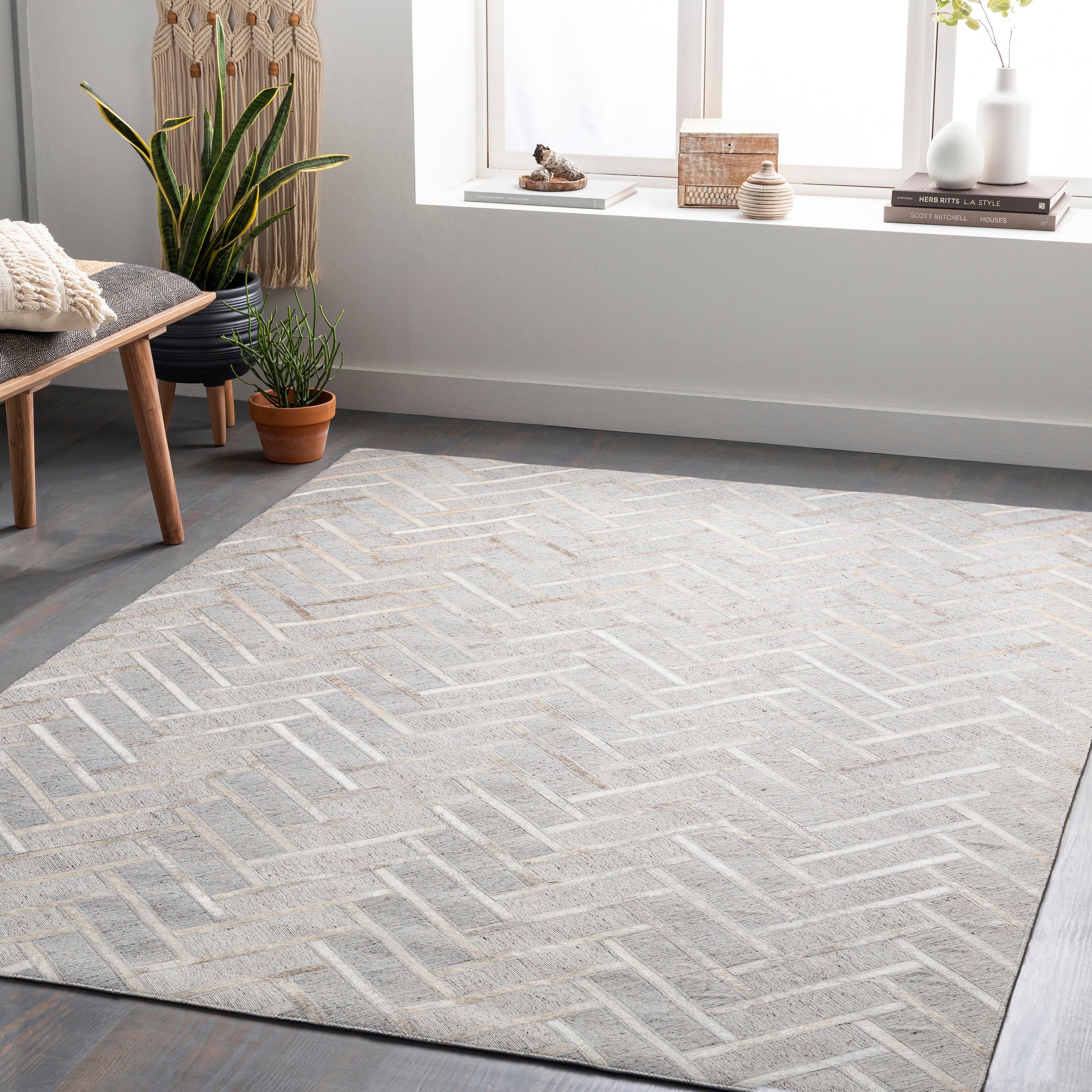 Medora Rug - 30192 by Surya in taupe, medium gray, oatmeal, tan, medium brown, light gray. Made from 65% viscose, 35% leather in a unique style.