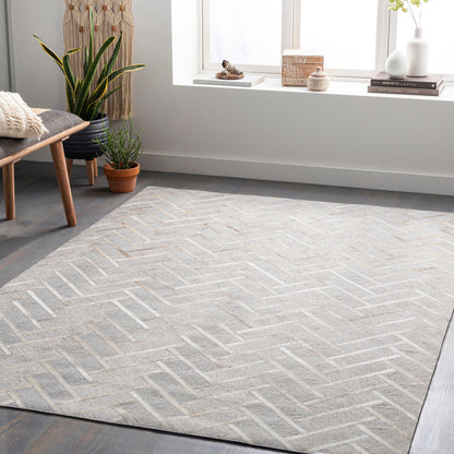 Medora Rug - 30192 by Surya in taupe, medium gray, oatmeal, tan, medium brown, light gray. Made from 65% viscose, 35% leather in a unique style.
