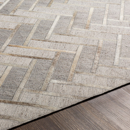 Medora Rug - 30192 by Surya in taupe, medium gray, oatmeal, tan, medium brown, light gray. Made from 65% viscose, 35% leather in a unique style.