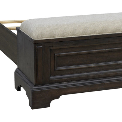 Hickory Creek Storage Bed by Pulaski Furniture in brown velvet. Made from split heart cathedral hickory veneers in a unique style.