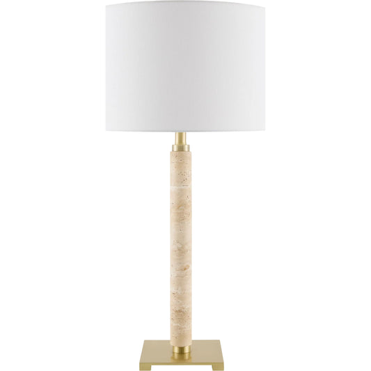 Moeraki Accent Table Lamp by Surya in white, brown, gold. Made from iron, linen, polyester in a transitional style.