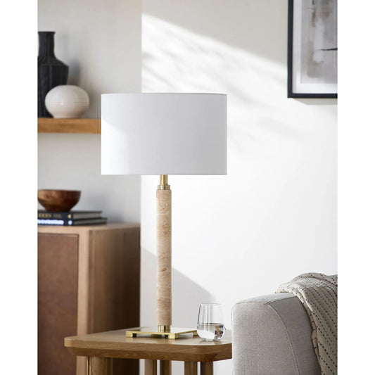 Moeraki Accent Table Lamp by Surya in white, brown, gold. Made from iron, linen, polyester in a transitional style.