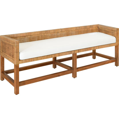 Monterey Cane Bench by Worlds Away in ivory and natural cane. Made from linen, cane in a cottage & farmhouse style.
