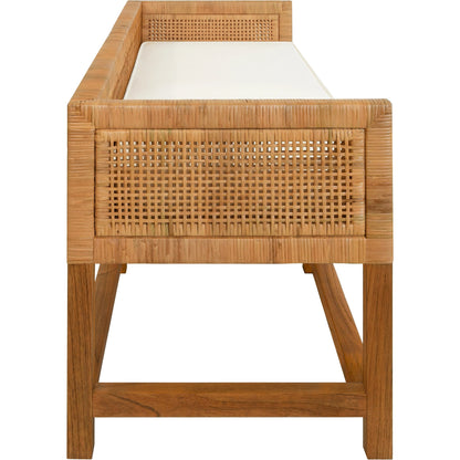 Monterey Cane Bench by Worlds Away in ivory and natural cane. Made from linen, cane in a cottage & farmhouse style.