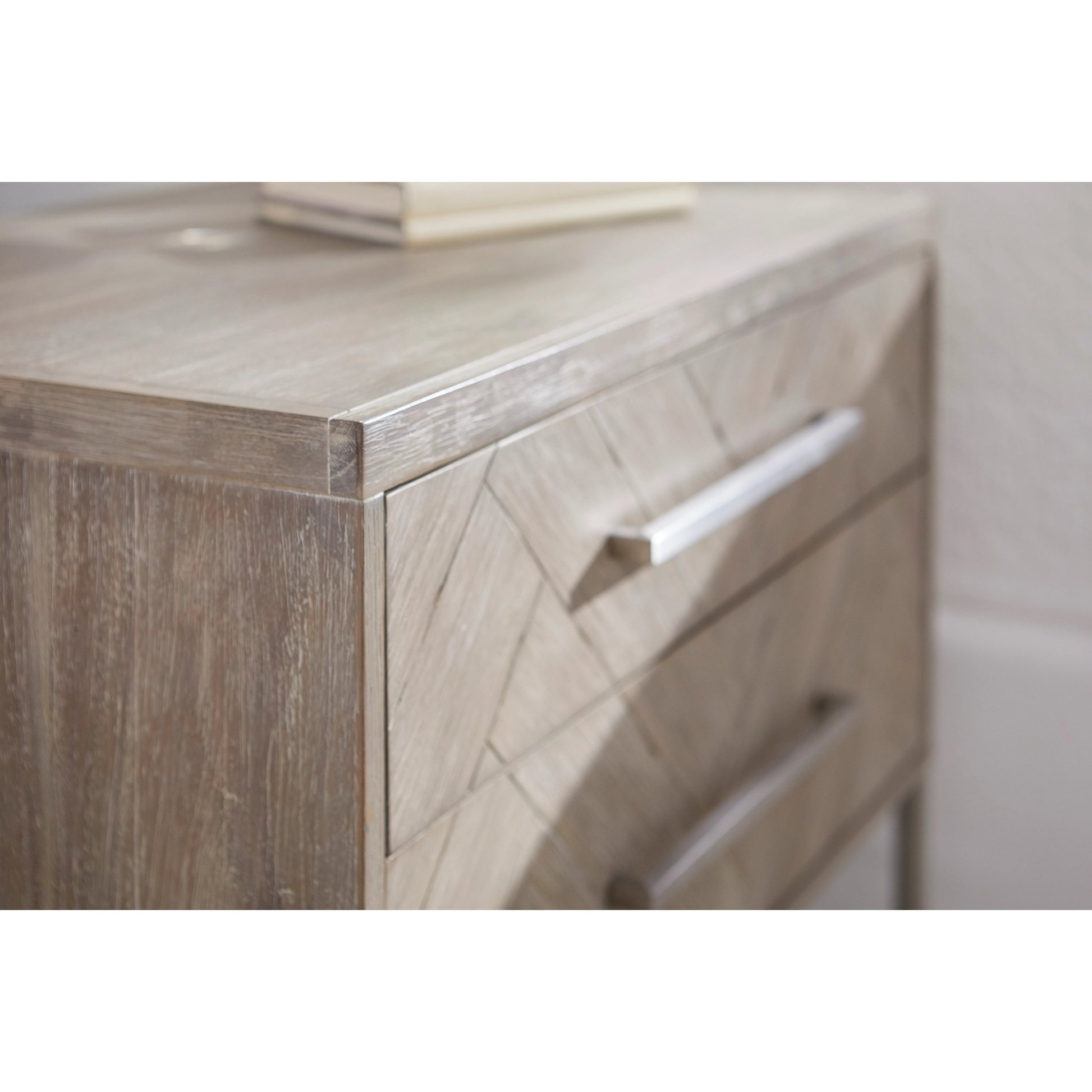 Mosaic Nightstand by Essentials For Living in natural gray, brushed stainless steel. Made from wood in a modern style.