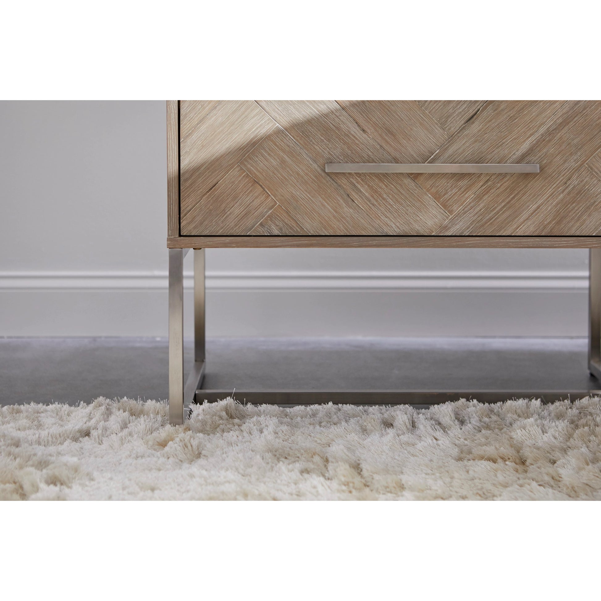 Mosaic Nightstand by Essentials For Living in natural gray, brushed stainless steel. Made from wood in a modern style.