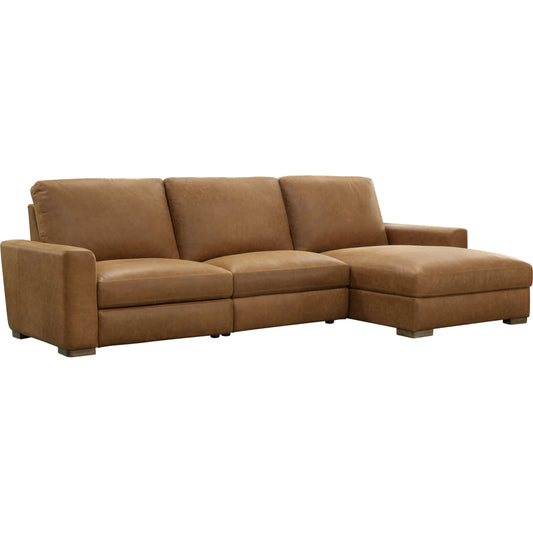 Optimus Three-Seat Sectional by Hooker Furniture in brown and dark wood. Made from leather, aniline plus top grain leather in a unique style.