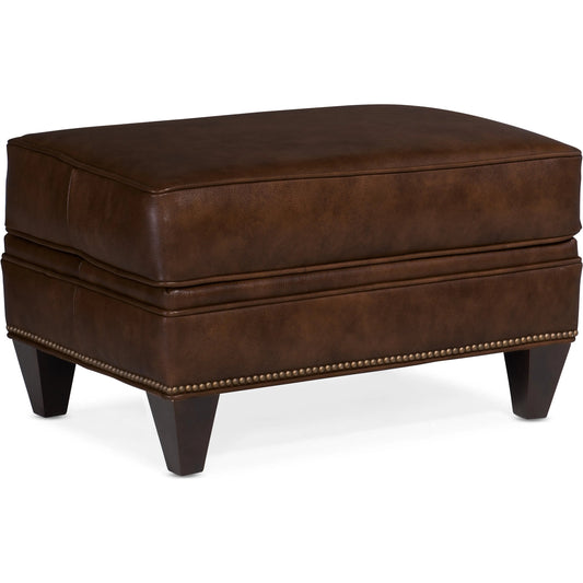 Carrado Ottoman by Bradington-Young by Hooker Furniture in brown and plantation. Made from leather in a unique style.
