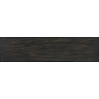 Black Retreat Entertainment Credenza by Hooker Furniture in black sand. Made from oak veneers, resin in a modern style.