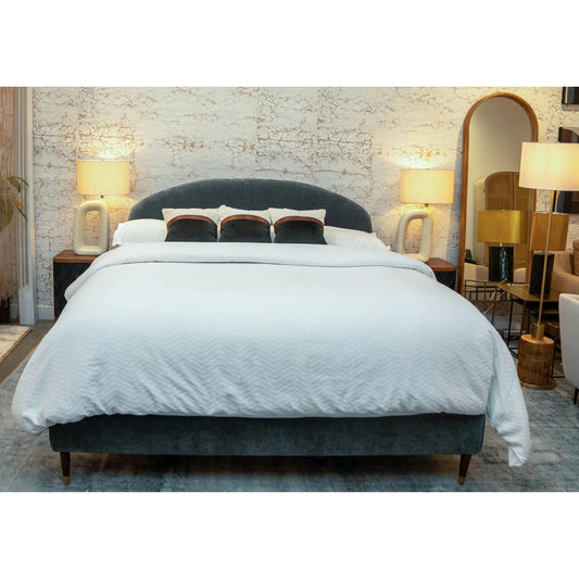 Moxie Bed by LH Imports in dust blue and brown, brass. Made from pine wood, plywood, birch wood , pu foam,100% polyester recycled fabric,brass metal cup in a unique style.