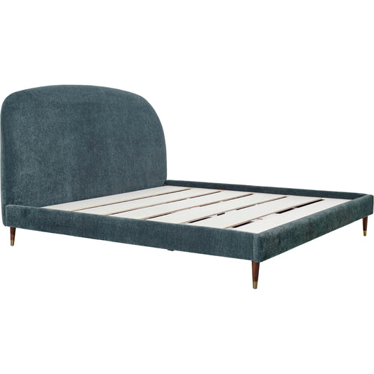 Moxie Bed by LH Imports in dust blue and brown, brass. Made from pine wood, plywood, birch wood , pu foam,100% polyester recycled fabric,brass metal cup in a unique style.