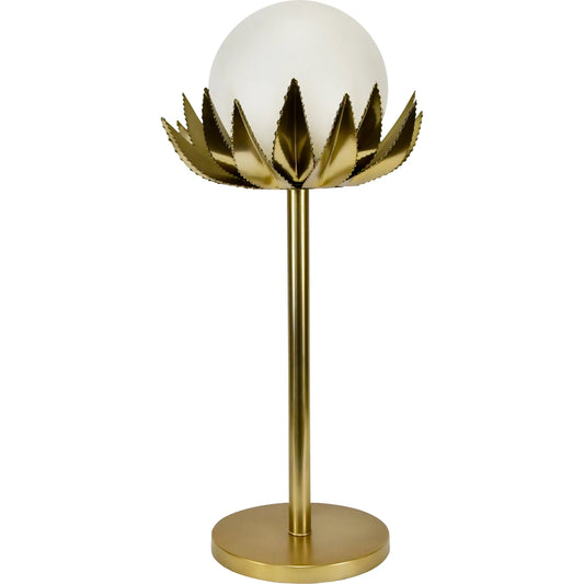 Moxie Glass Globe Palm Leaf Uplight Table Lamp by Worlds Away in brass. Made from unique in a coastal style.