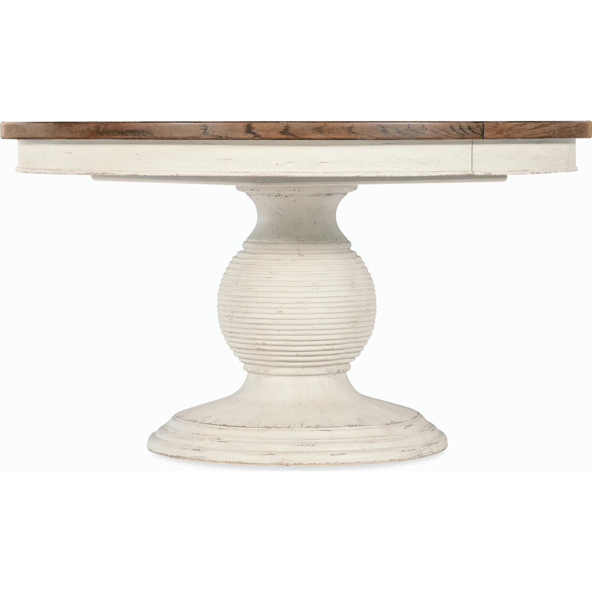 Americana Round Pedestal Dining Table by Hooker Furniture. Made from oak veneers, resin with solid-wood edge top in a cottage & farmhouse style.