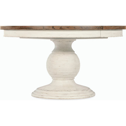 Americana Round Pedestal Dining Table by Hooker Furniture. Made from oak veneers, resin with solid-wood edge top in a cottage & farmhouse style.