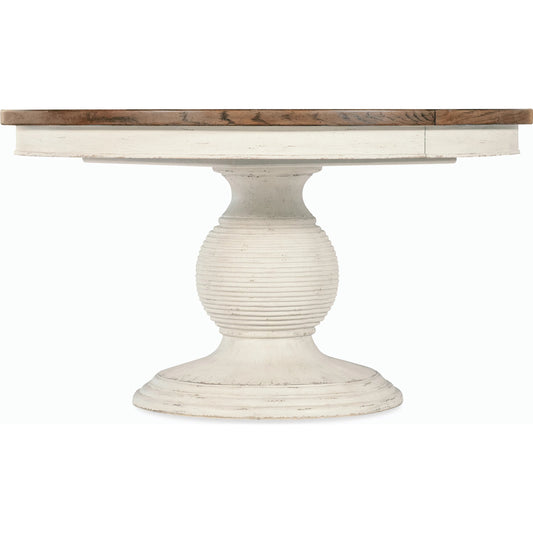 Americana Round Pedestal Dining Table by Hooker Furniture. Made from oak veneers, resin with solid-wood edge top in a cottage & farmhouse style.