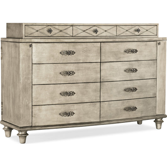 Diamont Dresser by Hooker Furniture in jewel. Made from oak veneers, cedar, felt, jewelry box in a modern style.