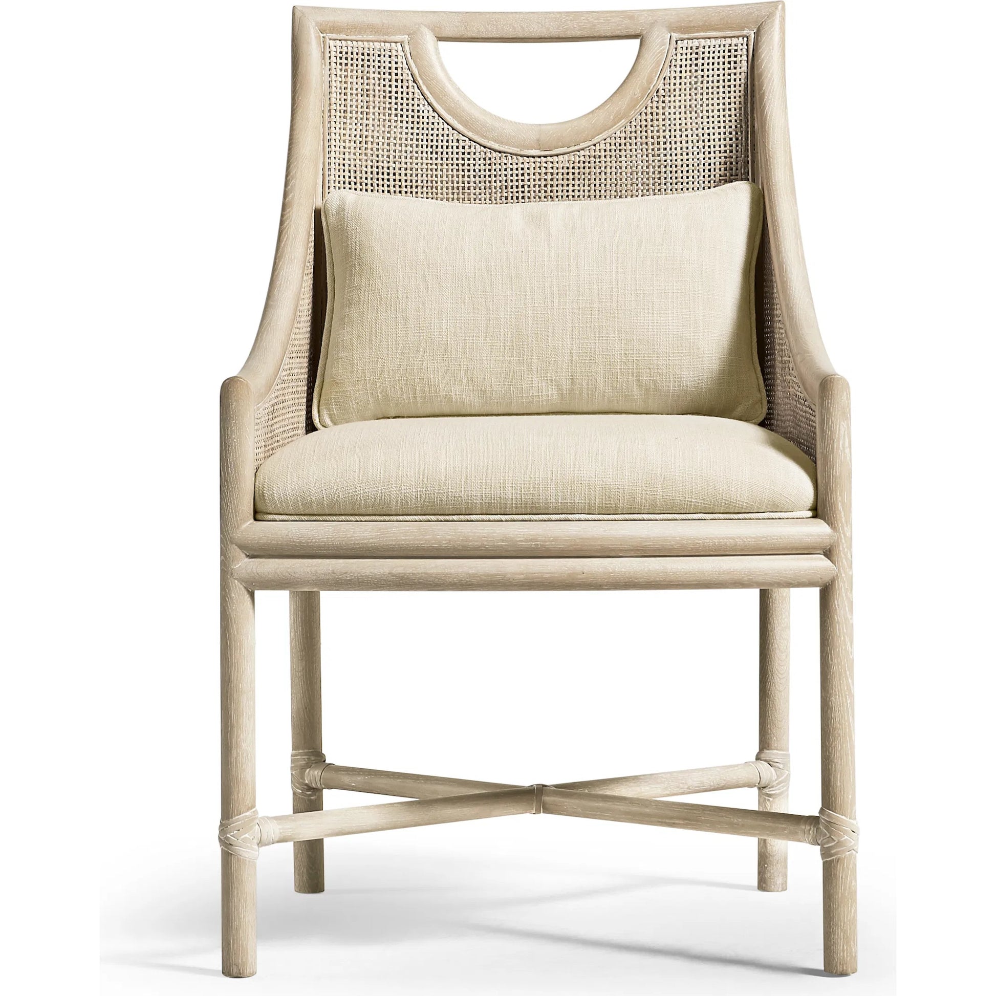 Fjord Dining Chair by Jonathan Charles in white washed cerused oak. Made from oak solids, cane, rope, foam, fabric in a transitional style.