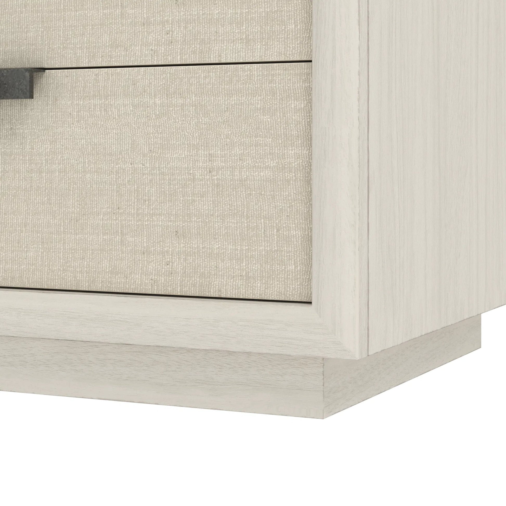 Cotiere Nightstand in Linen by A.R.T. Furniture in linen. Made from parawood solids, mixed split cathedral, quarter white oak veneers, fabric in a transitional style.