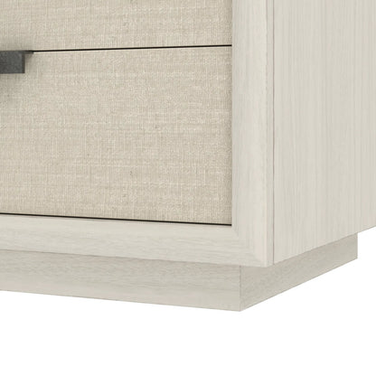 Cotiere Nightstand in Linen by A.R.T. Furniture in linen. Made from parawood solids, mixed split cathedral, quarter white oak veneers, fabric in a transitional style.