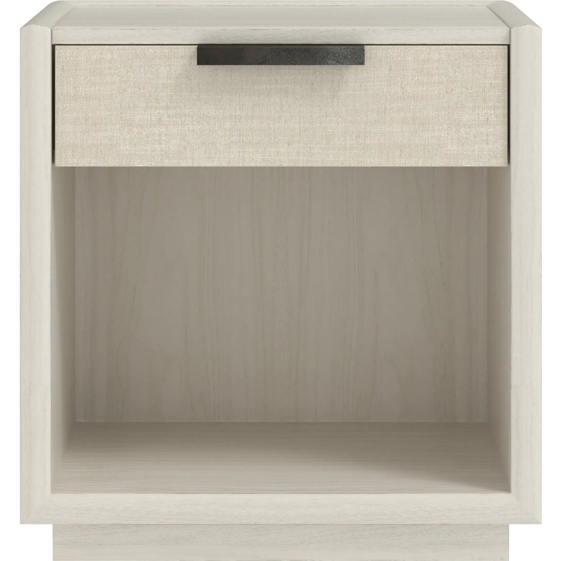 Cotiere Open Nightstand by A.R.T. Furniture in linen. Made from parawood solids, mixed split cathedral, quarter white oak veneers, fabric in a transitional style.
