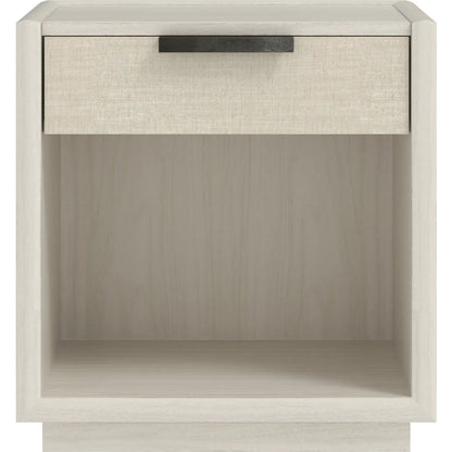 Cotiere Open Nightstand by A.R.T. Furniture in linen. Made from parawood solids, mixed split cathedral, quarter white oak veneers, fabric in a transitional style.
