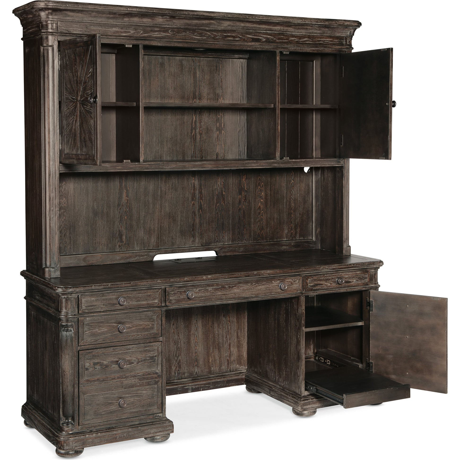 Traditions Computer Credenza Hutch by Hooker Furniture in dark wood. Made from pine, oak veneers with tempered glass in a traditional style.