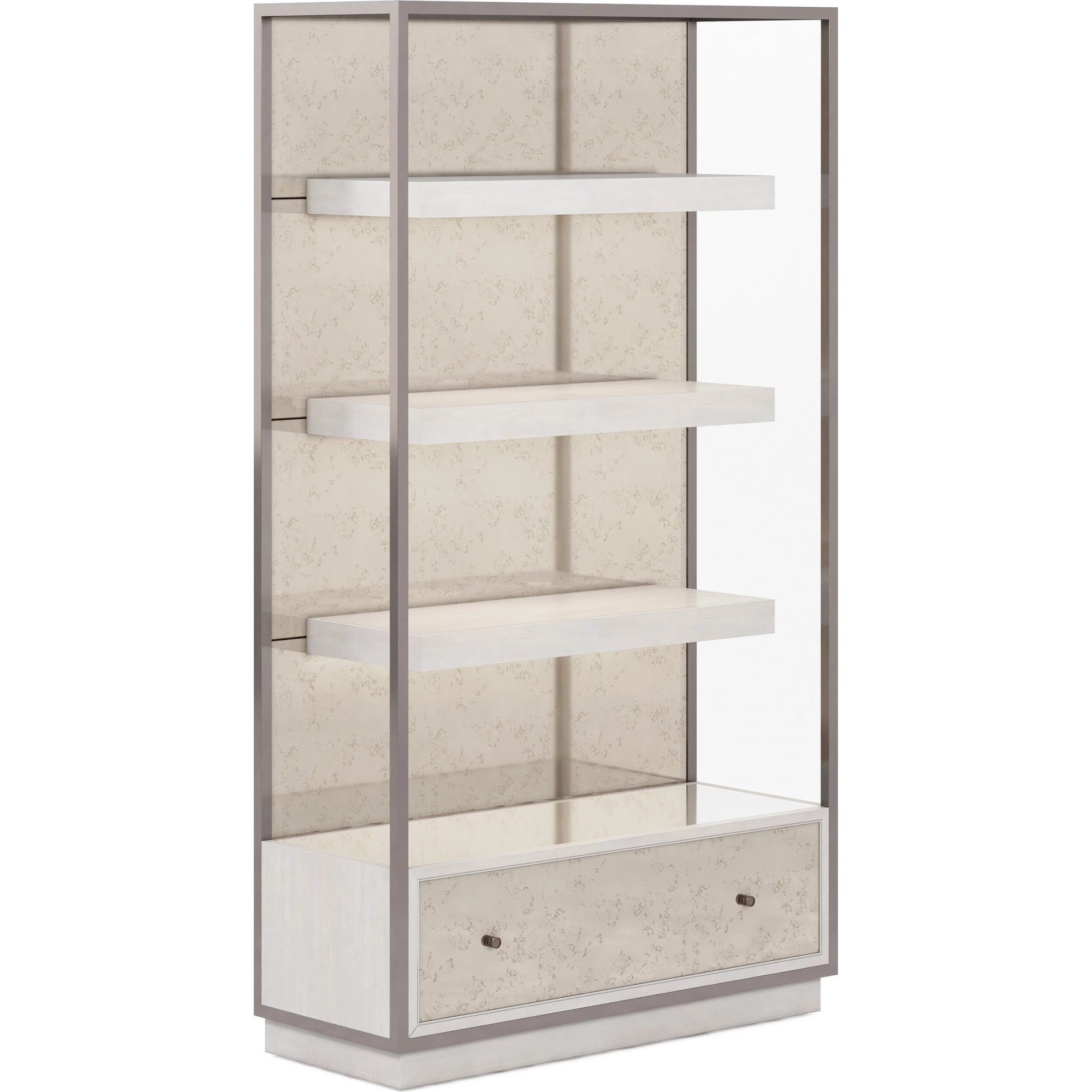 Mezzanine Etagere by A.R.T. Furniture in dove gray. Made from parawood, poplar solids, maple veneer, mirror, steel in a modern style.