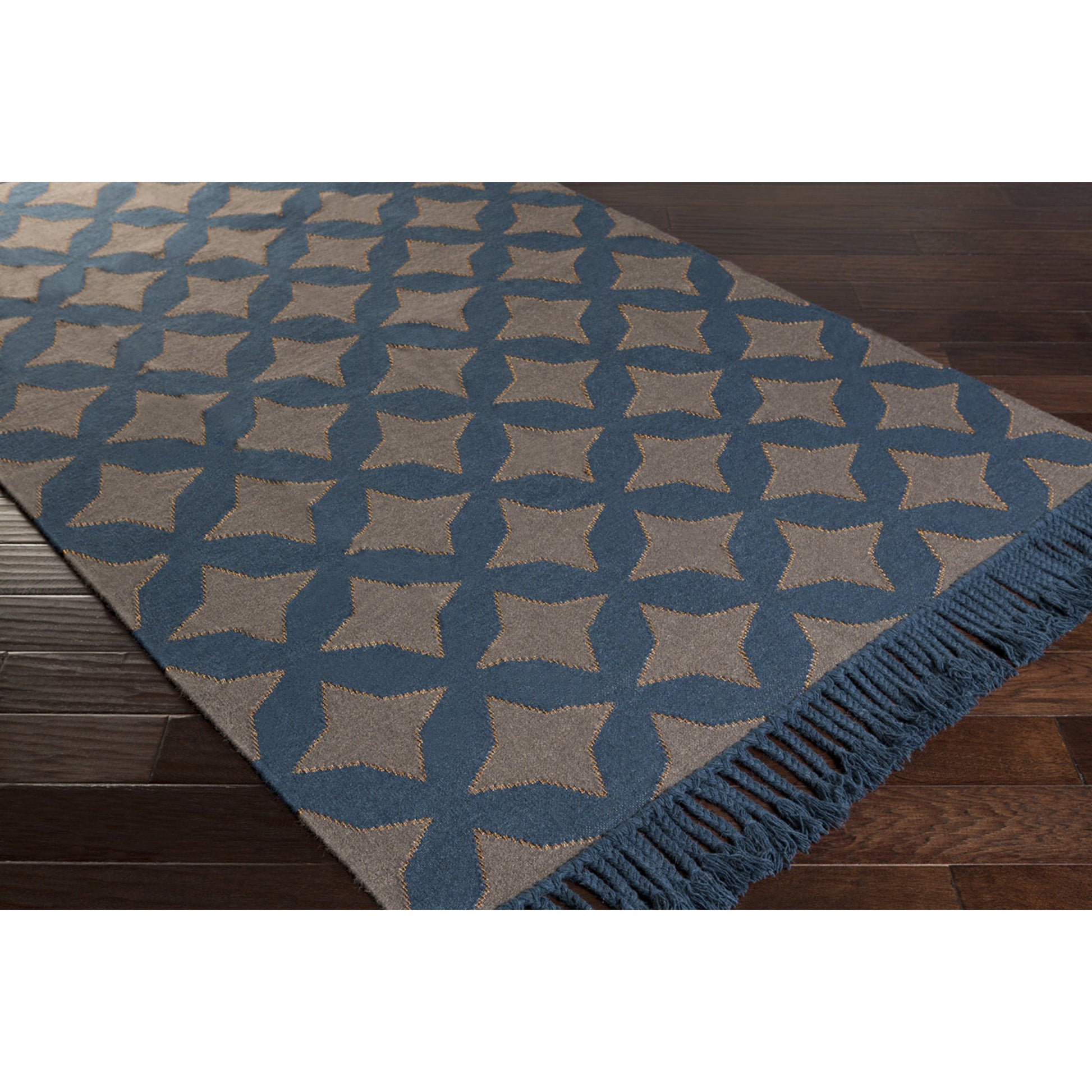 Marinda MRI-8002 Rug by Surya in dark blue, dark brown, metallic gold. Made from 90% wool, 10% metallic in a unique style.