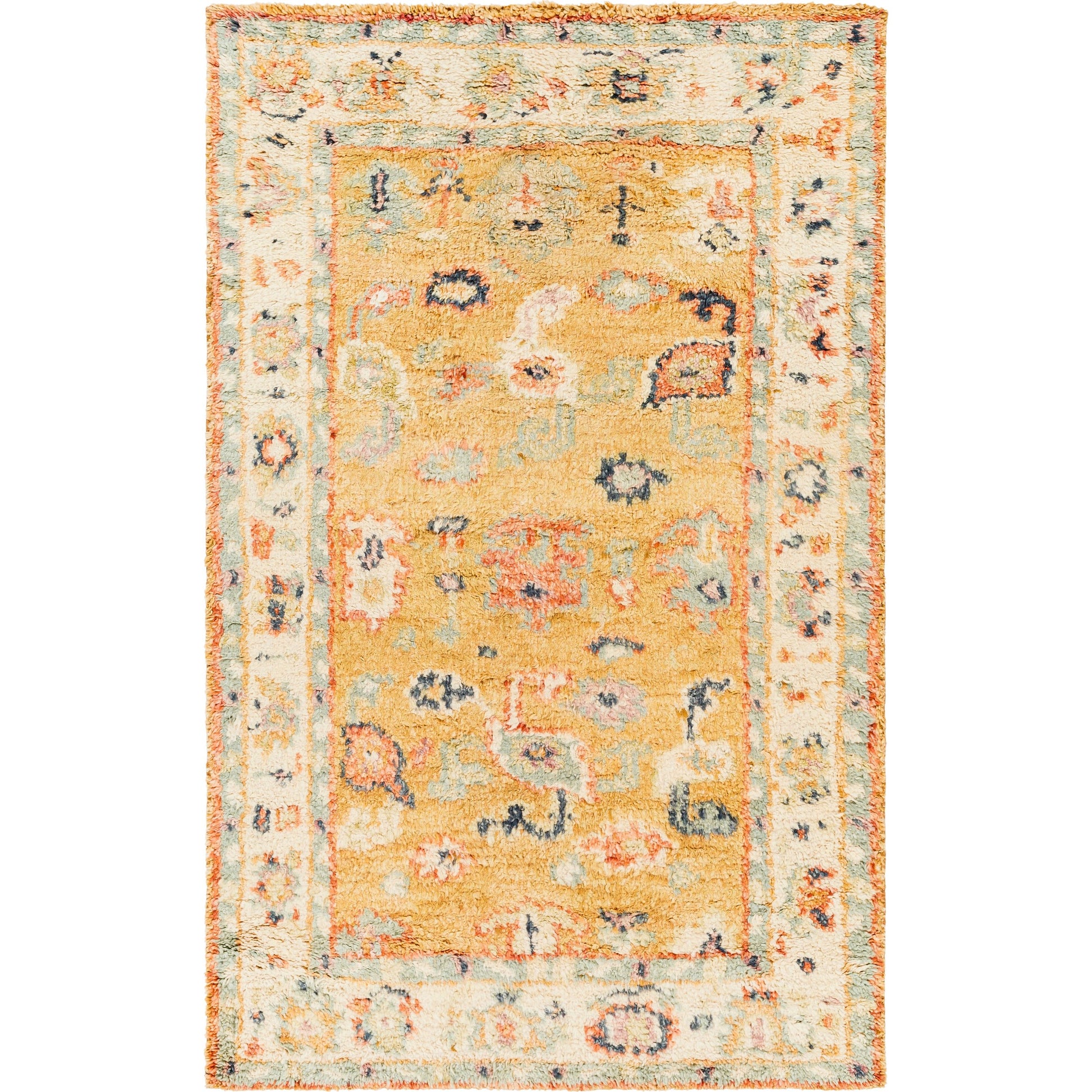 Marrakech Rug - 29600 by Surya in mustard, tan, dark blue, lilac, pale blue, dusty coral. Made from 100% wool in a unique style.