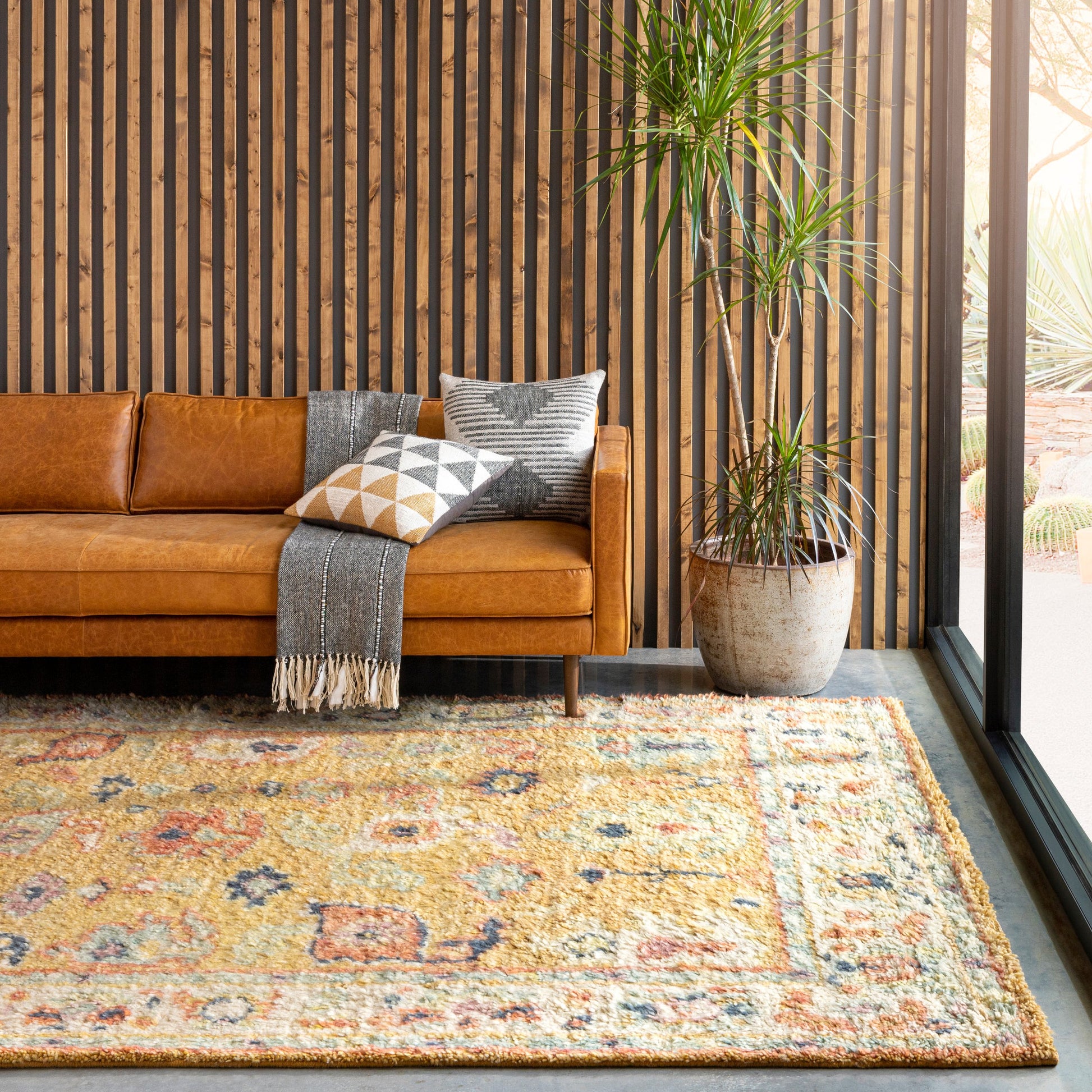 Marrakech Rug - 29600 by Surya in mustard, tan, dark blue, lilac, pale blue, dusty coral. Made from 100% wool in a unique style.