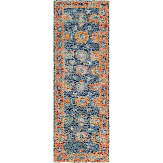 Marrakech MRK-2303 Rug by Surya in burnt orange, dusty coral, rust, dark blue, mustard, denim. Made from 100% wool in a unique style.