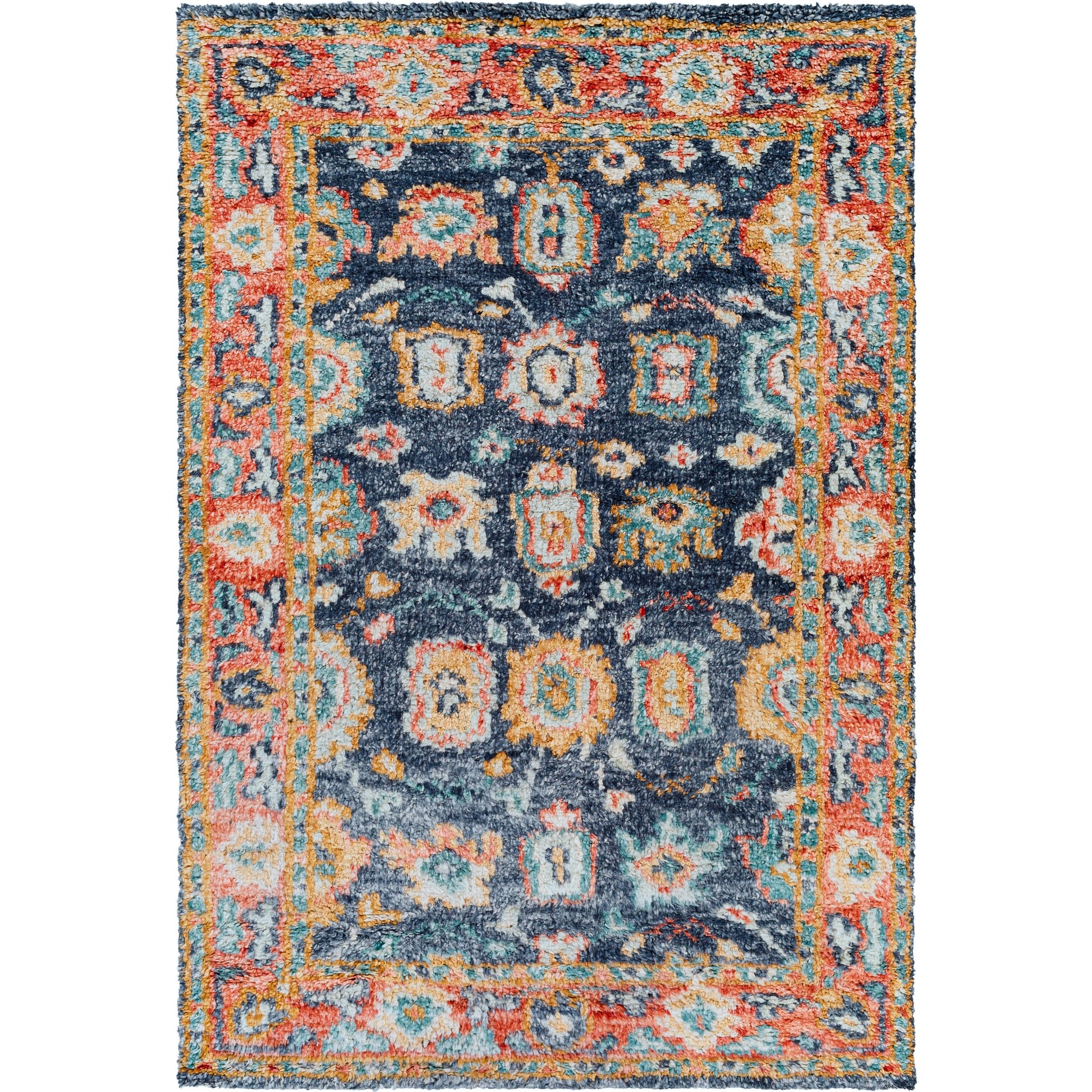 Marrakech MRK-2303 Rug by Surya in burnt orange, dusty coral, rust, dark blue, mustard, denim. Made from 100% wool in a unique style.