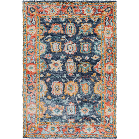 Marrakech MRK-2303 Rug by Surya in burnt orange, dusty coral, rust, dark blue, mustard, denim. Made from 100% wool in a unique style.