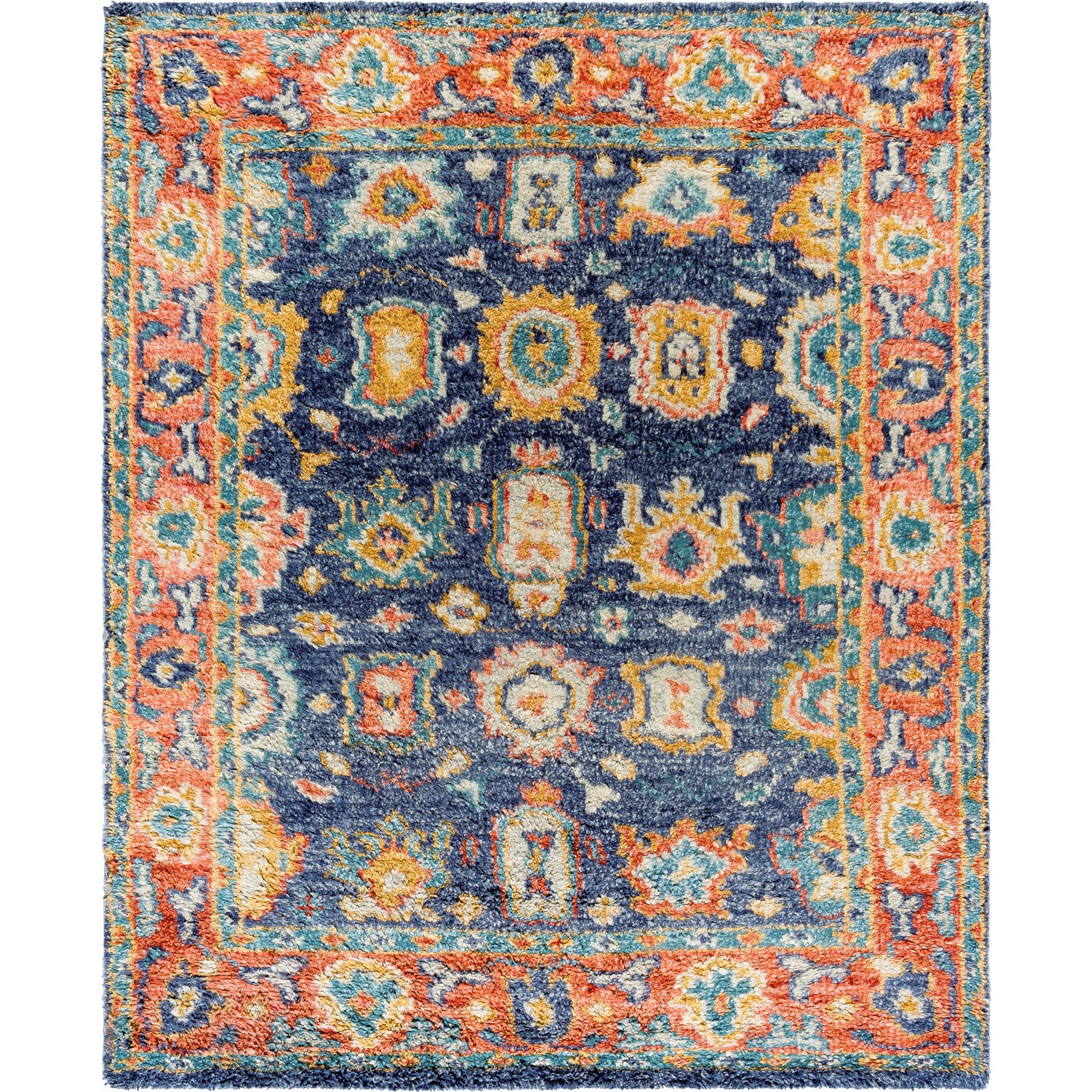 Marrakech MRK-2303 Rug by Surya in burnt orange, dusty coral, rust, dark blue, mustard, denim. Made from 100% wool in a unique style.